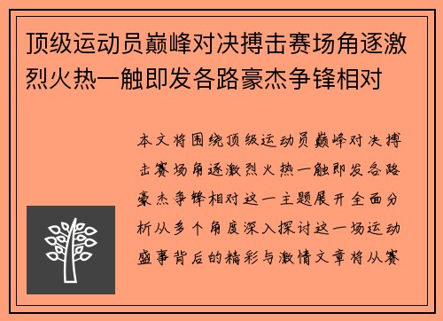 顶级运动员巅峰对决搏击赛场角逐激烈火热一触即发各路豪杰争锋相对