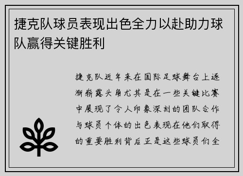 捷克队球员表现出色全力以赴助力球队赢得关键胜利