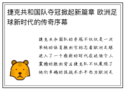 捷克共和国队夺冠掀起新篇章 欧洲足球新时代的传奇序幕