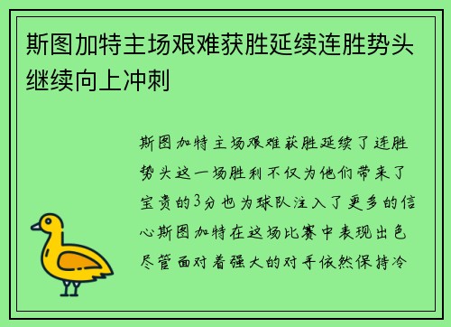 斯图加特主场艰难获胜延续连胜势头继续向上冲刺