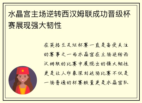 水晶宫主场逆转西汉姆联成功晋级杯赛展现强大韧性