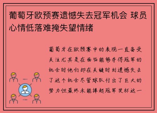 葡萄牙欧预赛遗憾失去冠军机会 球员心情低落难掩失望情绪